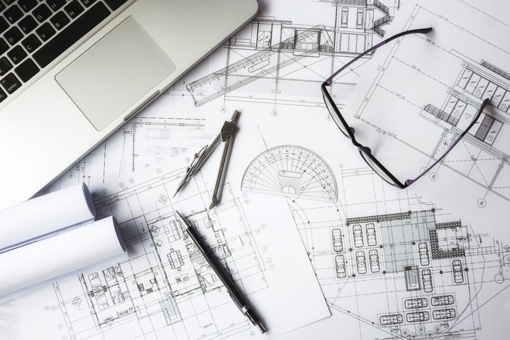 image engineering objects workplace top view construction concept engineering tools vintage tone retro filter effect soft focus selective focus