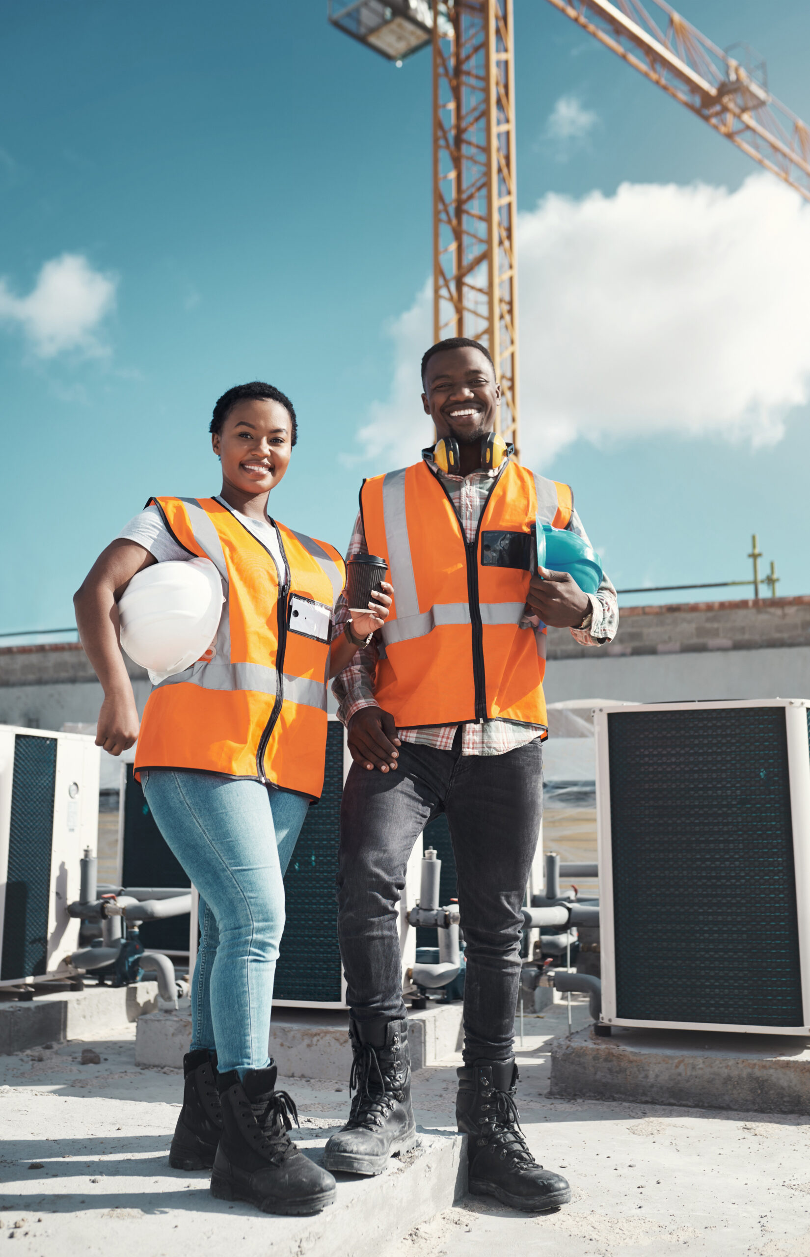 portrait engineer team happy black people construction site with coffee teamwork architecture smile african man woman with tea collaboration building with mockup space